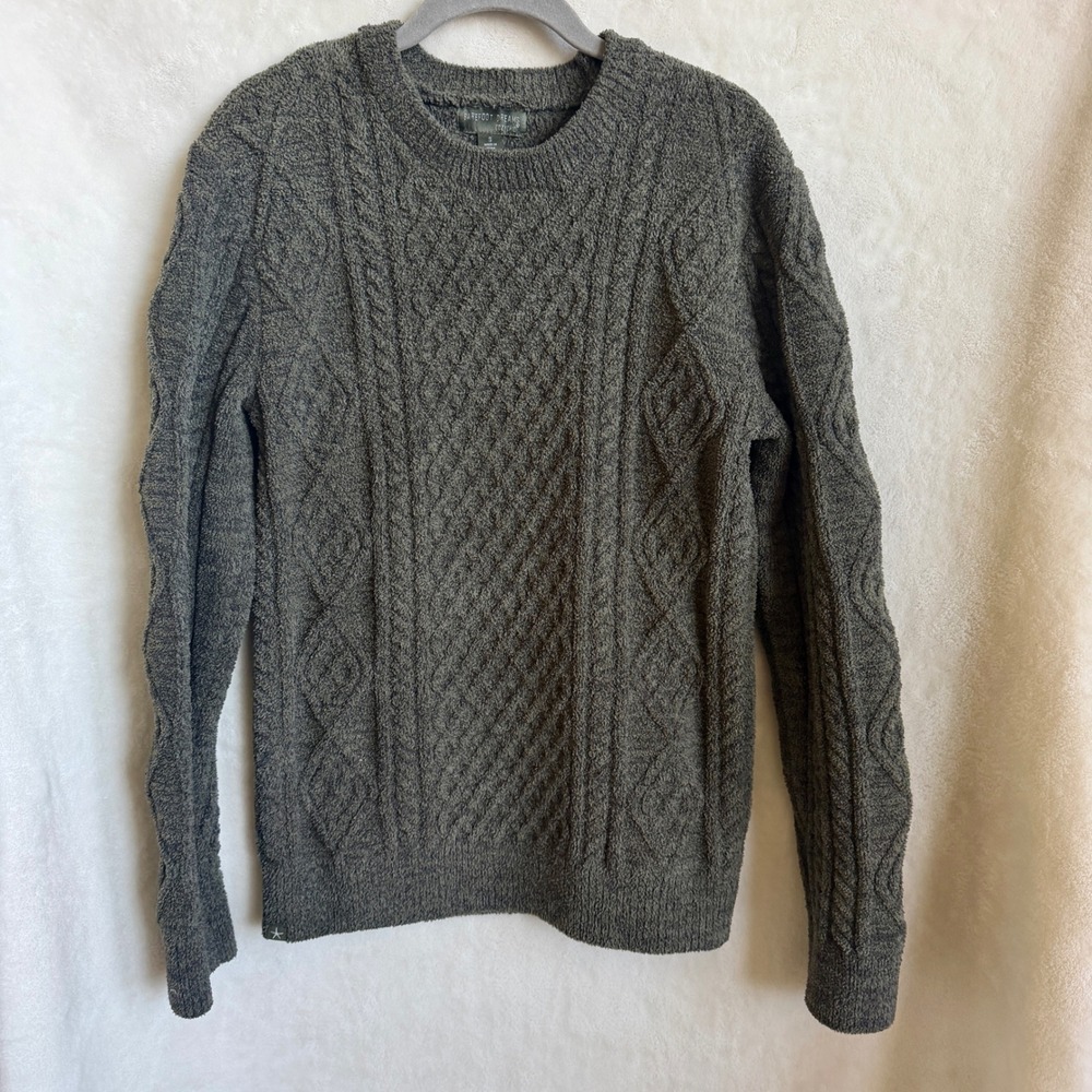 Barefoot Dreams CozyChic Cable Knit Crew Neck Sweater Womens Olive Sz Small